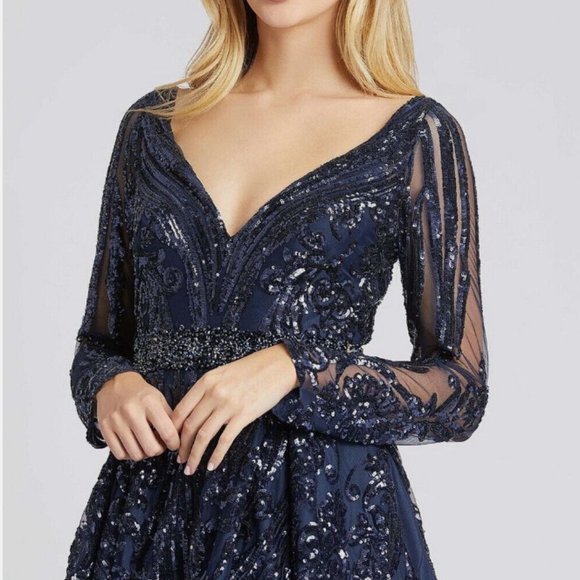 MAC DUGGAL 67113 LONG SLEEVE EMBELLISHED MIDNIGHT NAVY BALLGOWN sz 20 - Picture 2 of 4